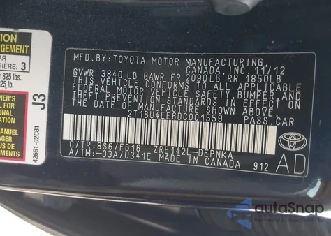 2013 Toyota Corolla Le из США, поврежденный, VIN 2T1BU4EE6DC001559